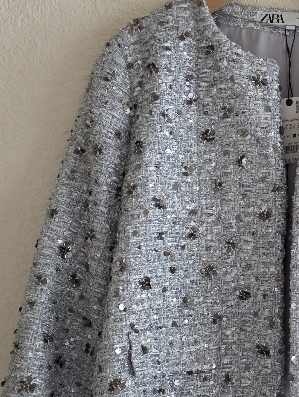 Zara tweed textured sequined blazer  silver gray size XL - Picture 14 of 14